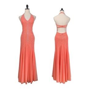 Sean Collection Prom Dress Maxi Gown Y2K Beaded Halter Cut Out Mermaid Coral S